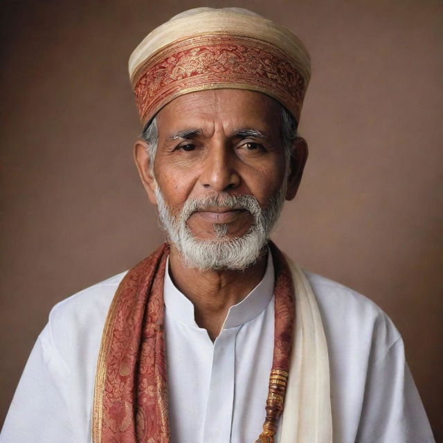 A respect-inspiring, dignified figure of an Ustad, dressed in traditional attire, carrying an air of wisdom and knowledge. His face displays an expression of serenity and peace, as he engaged in teaching or prayer.