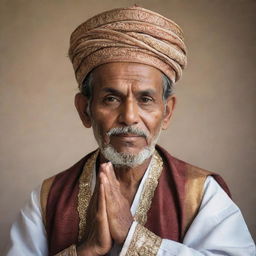 A respect-inspiring, dignified figure of an Ustad, dressed in traditional attire, carrying an air of wisdom and knowledge. His face displays an expression of serenity and peace, as he engaged in teaching or prayer.