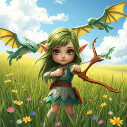 A cute yet determined elf girl standing in a grassy field, holding a beautifully designed bow aimed confidently forward