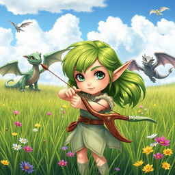 A cute yet determined elf girl standing in a grassy field, holding a beautifully designed bow aimed confidently forward