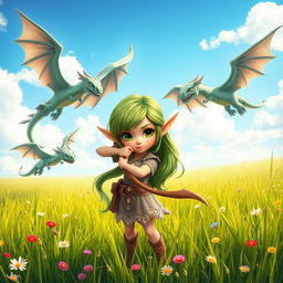 A cute yet determined elf girl standing in a grassy field, holding a beautifully designed bow aimed confidently forward