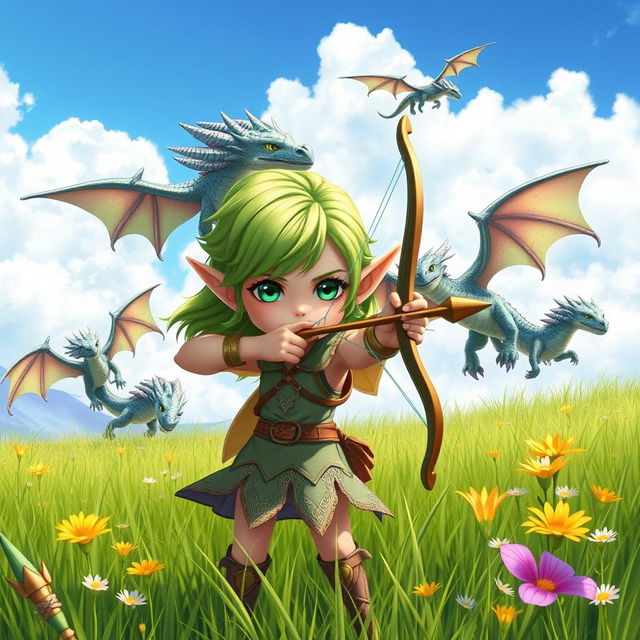 A cute yet determined elf girl standing in a grassy field, holding a beautifully designed bow aimed confidently forward