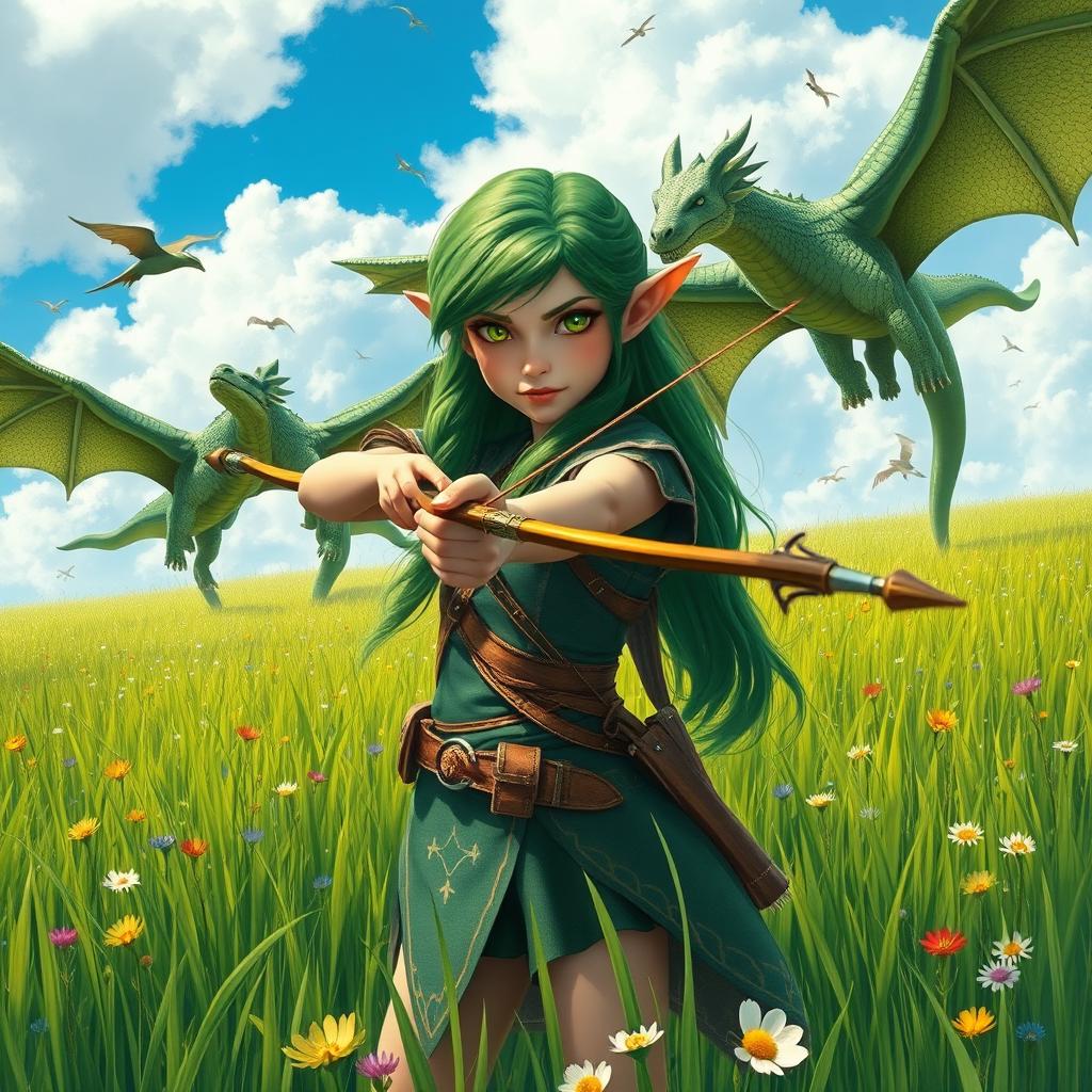 A determined elf girl standing in a vibrant grassy field, firmly holding a beautifully crafted bow pointed forward