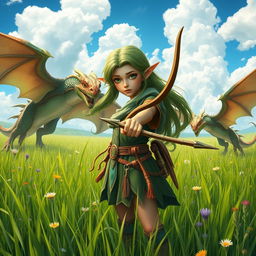 A determined elf girl standing in a vibrant grassy field, firmly holding a beautifully crafted bow pointed forward