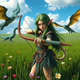 A determined elf girl standing in a vibrant grassy field, firmly holding a beautifully crafted bow pointed forward
