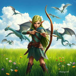 A determined elf girl standing in a vibrant grassy field, firmly holding a beautifully crafted bow pointed forward