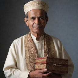 A respect-inspiring, dignified figure of an Ustad, dressed in traditional attire, carrying an air of wisdom and knowledge. His face displays an expression of serenity and peace, as he engaged in teaching or prayer.