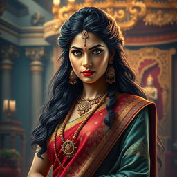 A captivating depiction of Draupadi, the central figure from the Mahabharata, portrayed in a poised and regal stance