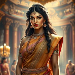A captivating depiction of Draupadi, the central figure from the Mahabharata, portrayed in a poised and regal stance