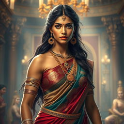 A captivating depiction of Draupadi, the central figure from the Mahabharata, portrayed in a poised and regal stance