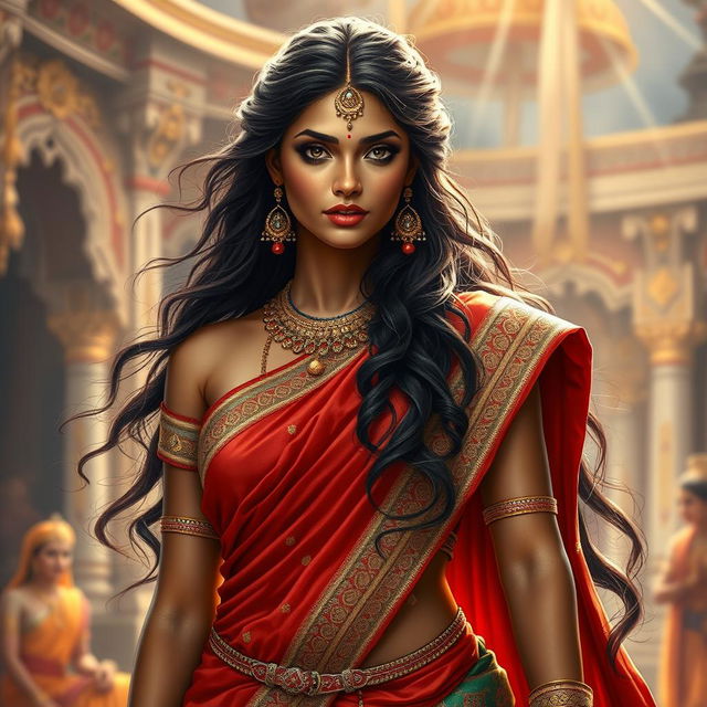 A captivating depiction of Draupadi, the central figure from the Mahabharata, portrayed in a poised and regal stance