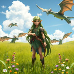 A tall and joyful elf girl standing confidently in a vibrant grassy field, holding a beautifully crafted bow pointed forward