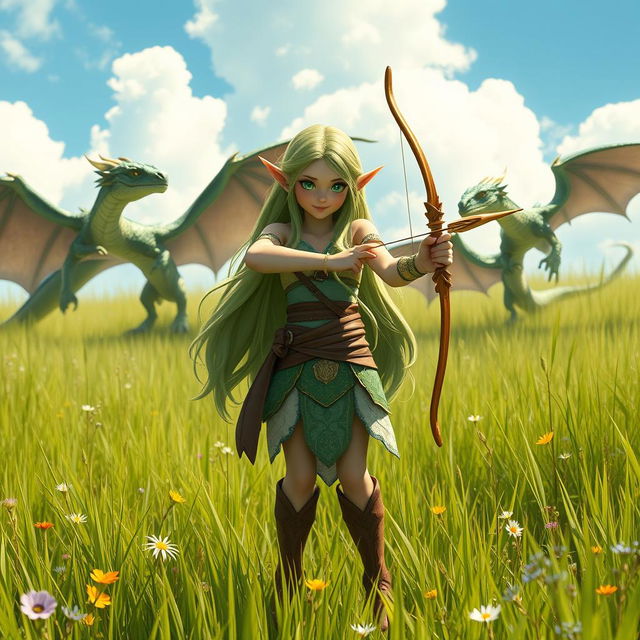 A tall and joyful elf girl standing confidently in a vibrant grassy field, holding a beautifully crafted bow pointed forward