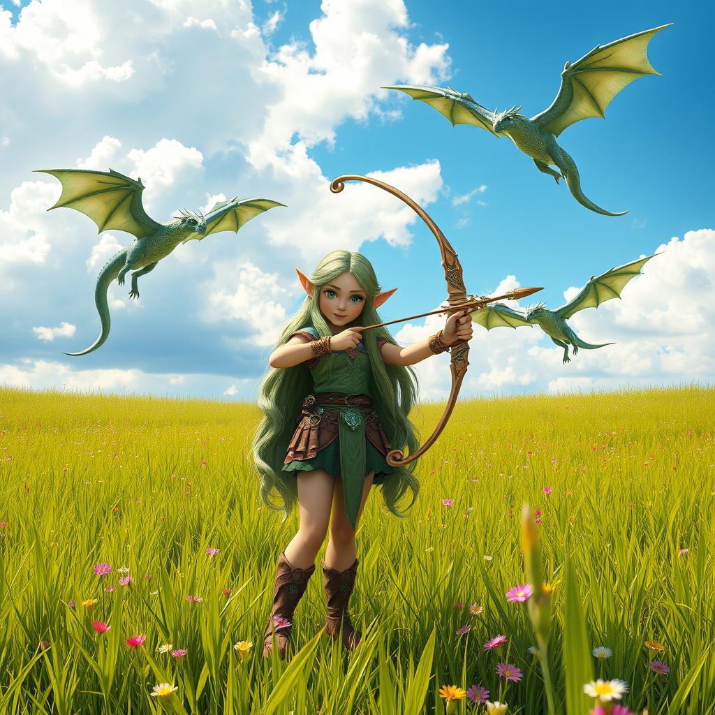 A tall and joyful elf girl standing confidently in a vibrant grassy field, holding a beautifully crafted bow pointed forward