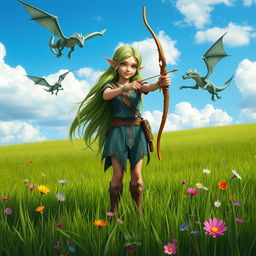 A tall and joyful elf girl standing confidently in a vibrant grassy field, holding a beautifully crafted bow pointed forward