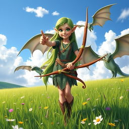 A tall and joyful elf girl standing in a vibrant grassy field, confidently holding a beautifully crafted bow pointed forward