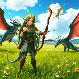 A tall and joyful elf girl standing in a vibrant grassy field, confidently holding a beautifully crafted bow pointed forward