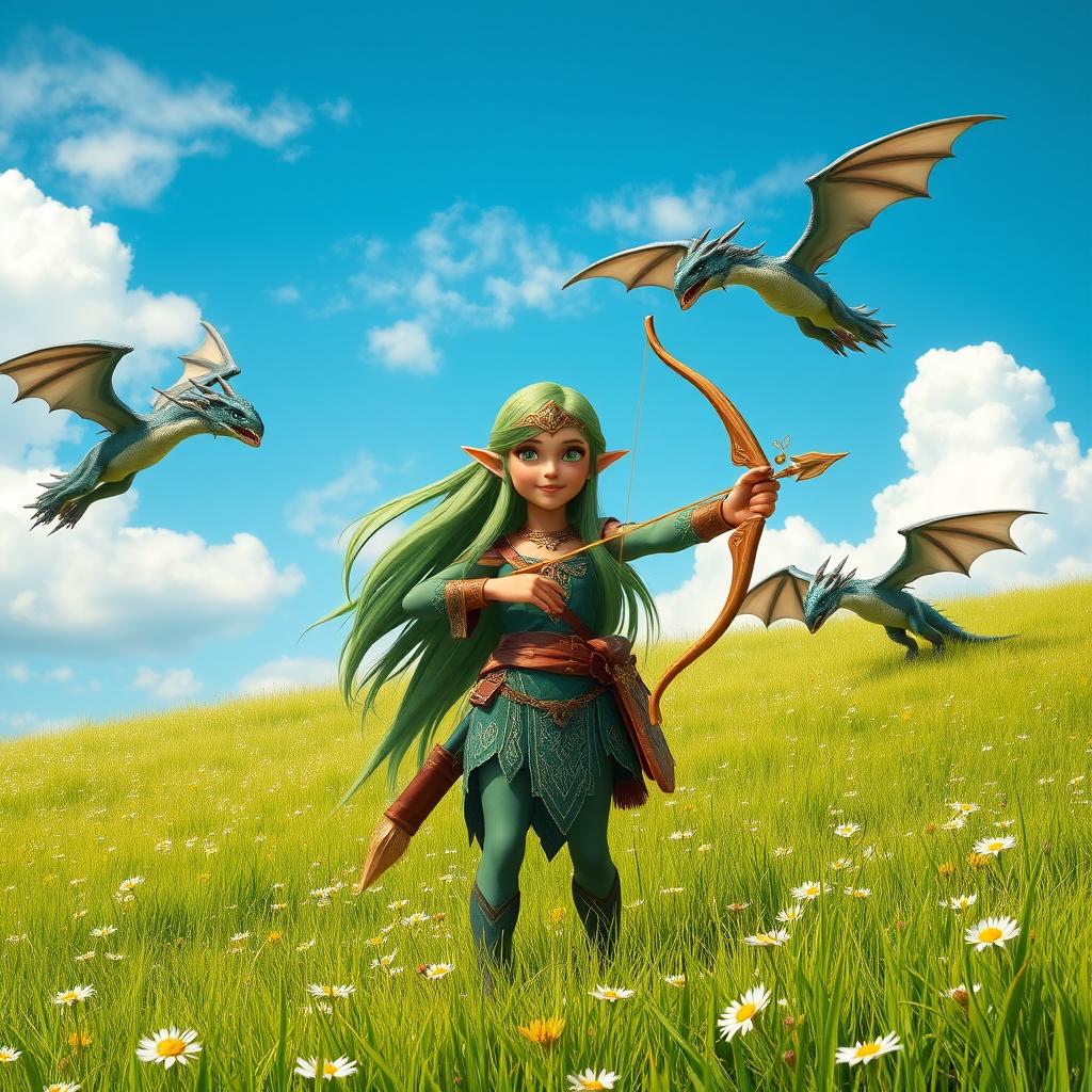 A tall and joyful elf girl standing in a vibrant grassy field, confidently holding a beautifully crafted bow pointed forward