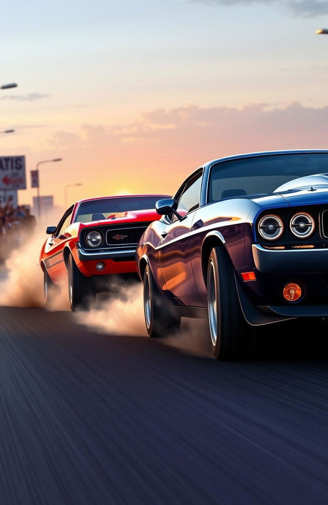 A dynamic scene depicting two muscle cars racing down a street in a drag race style, showcasing their sleek designs and powerful stances