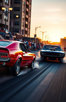 A dynamic scene depicting two muscle cars racing down a street in a drag race style, showcasing their sleek designs and powerful stances