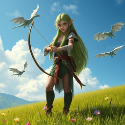 A tall elf girl standing confidently in a lush grassy field, holding a beautifully crafted bow pointed forward, ready for action