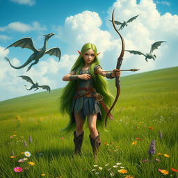 A tall elf girl standing confidently in a lush grassy field, holding a beautifully crafted bow pointed forward, ready for action