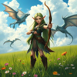 A tall elf girl standing confidently in a lush grassy field, holding a beautifully crafted bow pointed forward, ready for action