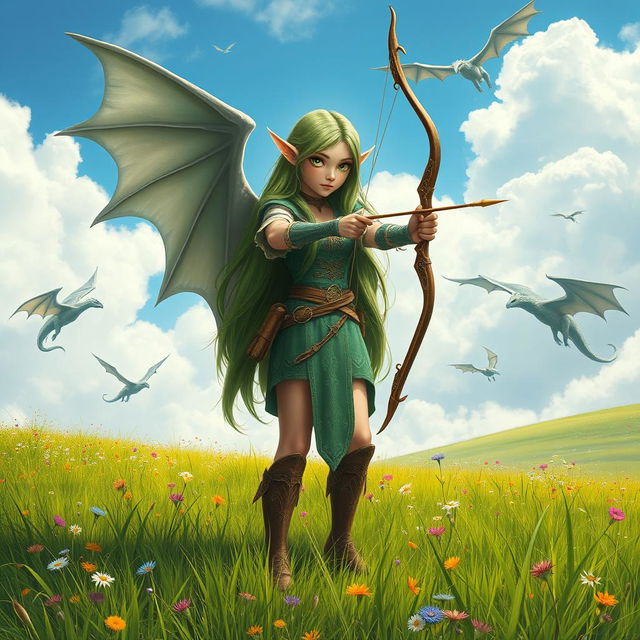 A tall elf girl standing confidently in a lush grassy field, holding a beautifully crafted bow pointed forward, ready for action