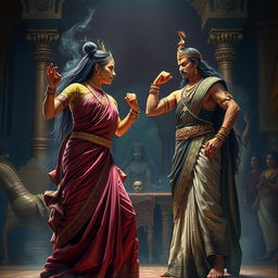 A dramatic scene depicting Draupadi and Dushasana from the Mahabharata
