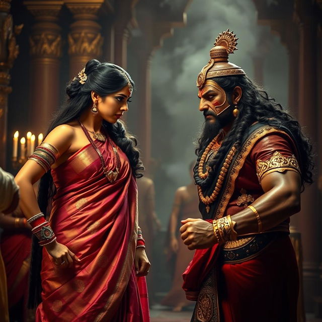 A dramatic scene depicting Draupadi and Dushasana from the Mahabharata