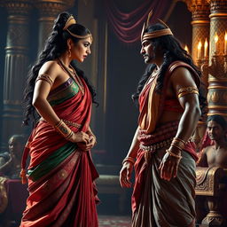 A dramatic scene depicting Draupadi and Dushasana from the Mahabharata