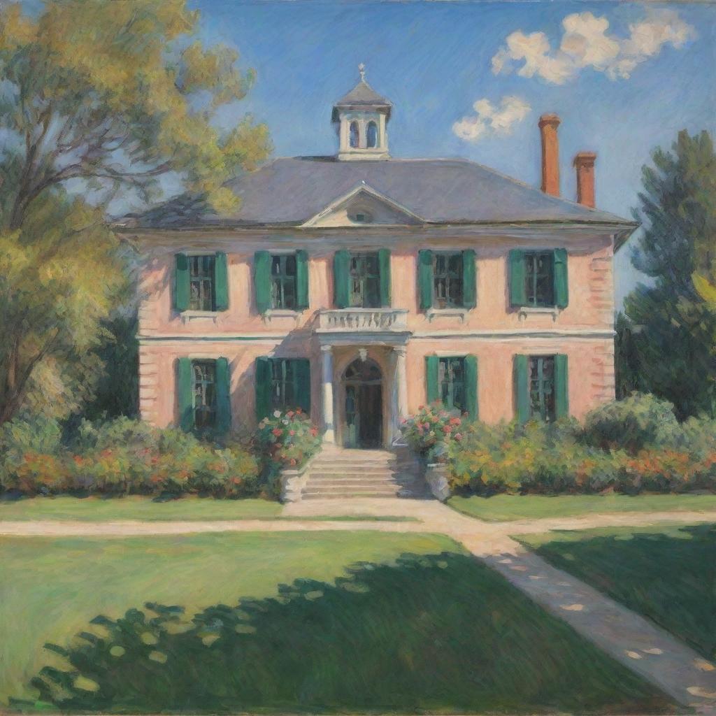 In Claude Monet's impressionistic style, create an image of a charming school building amidst a vibrant landscape. Swift brushstrokes portray the building's structure while the play of light and shadow adds depth and ambiance.