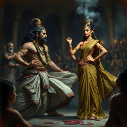 A dramatic and intense scene depicting Dushasana in a moment of confrontation with Draupadi from the Mahabharata
