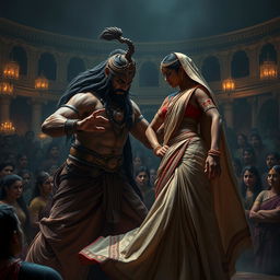 A dramatic and intense scene depicting Dushasana in a moment of confrontation with Draupadi from the Mahabharata
