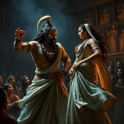 A dramatic and intense scene depicting Dushasana in a moment of confrontation with Draupadi from the Mahabharata