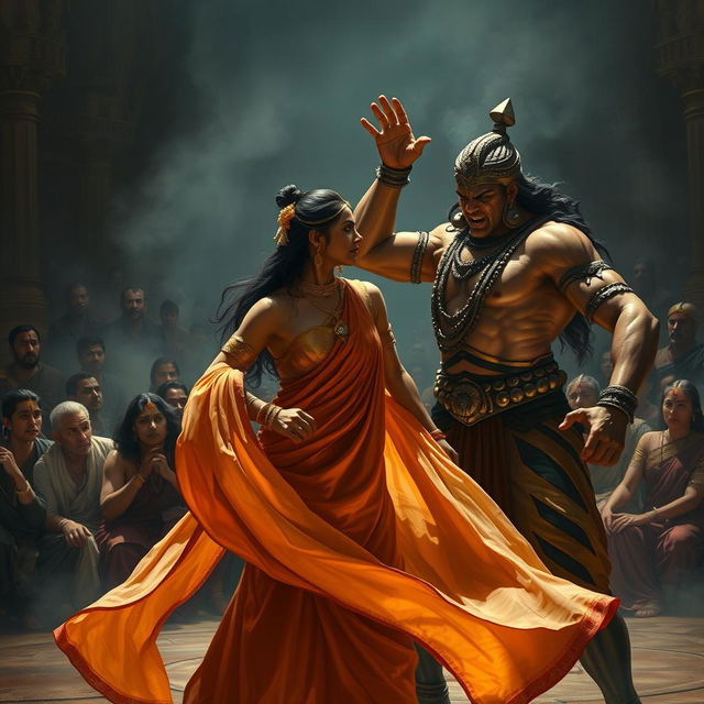 A dramatic and intense scene depicting Dushasana in a moment of confrontation with Draupadi from the Mahabharata