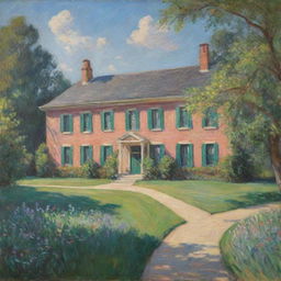 In Claude Monet's impressionistic style, create an image of a charming school building amidst a vibrant landscape. Swift brushstrokes portray the building's structure while the play of light and shadow adds depth and ambiance.