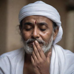 The Ustad, a figure of strength and serenity, is seen with tears streaming down his face, displaying a deep sorrow and mourning for his lost family, a powerful portrayal of human emotion in the midst of tragedy.