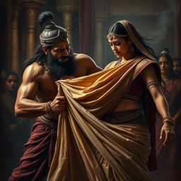 A dramatic and intense moment depicting Dushasana attempting to pull Draupadi's sari in a scene inspired by the Mahabharata