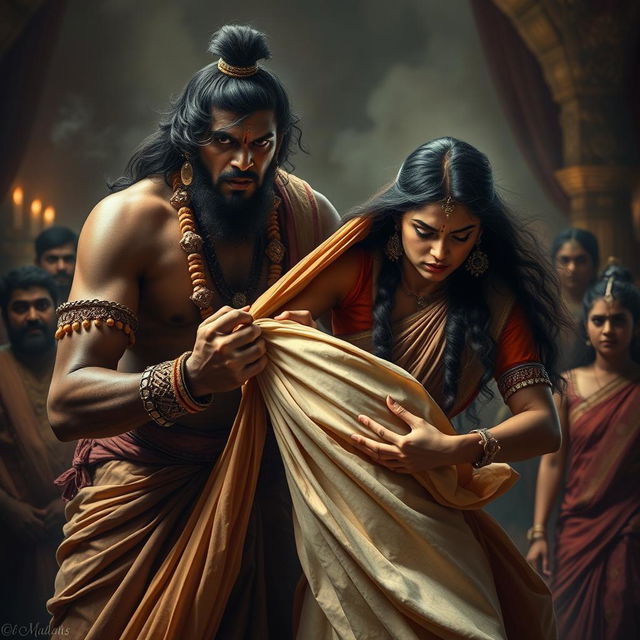 A dramatic and intense moment depicting Dushasana attempting to pull Draupadi's sari in a scene inspired by the Mahabharata