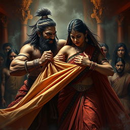 A dramatic and intense moment depicting Dushasana attempting to pull Draupadi's sari in a scene inspired by the Mahabharata