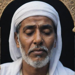 The Ustad, a figure of strength and serenity, is seen with tears streaming down his face, displaying a deep sorrow and mourning for his lost family, a powerful portrayal of human emotion in the midst of tragedy.