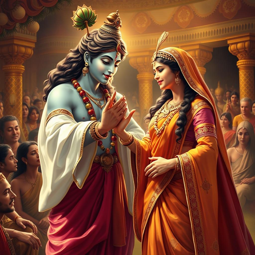 A beautiful and uplifting scene depicting Lord Krishna assisting Draupadi in a moment of desperation from the Mahabharata