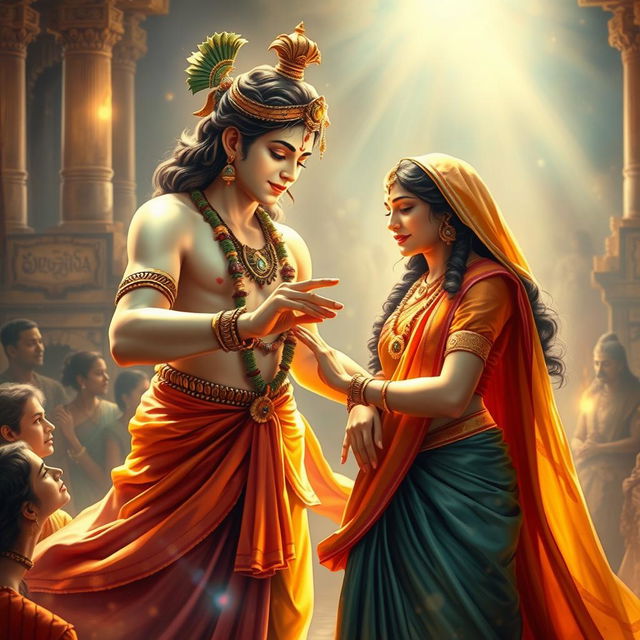 A beautiful and uplifting scene depicting Lord Krishna assisting Draupadi in a moment of desperation from the Mahabharata