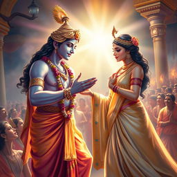 A beautiful and uplifting scene depicting Lord Krishna assisting Draupadi in a moment of desperation from the Mahabharata