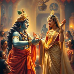 A beautiful and uplifting scene depicting Lord Krishna assisting Draupadi in a moment of desperation from the Mahabharata