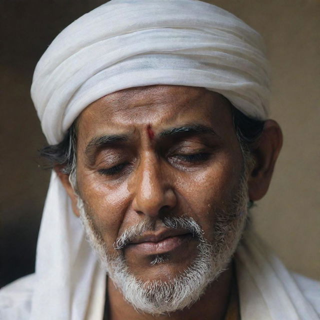 The Ustad, a figure of strength and serenity, is seen with tears streaming down his face, displaying a deep sorrow and mourning for his lost family, a powerful portrayal of human emotion in the midst of tragedy.