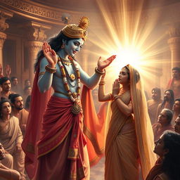 A beautiful and uplifting scene depicting Lord Krishna magically providing Draupadi with a sari during a moment of crisis from the Mahabharata
