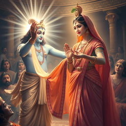 A beautiful and uplifting scene depicting Lord Krishna magically providing Draupadi with a sari during a moment of crisis from the Mahabharata