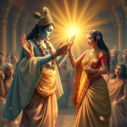 A beautiful and uplifting scene depicting Lord Krishna magically providing Draupadi with a sari during a moment of crisis from the Mahabharata